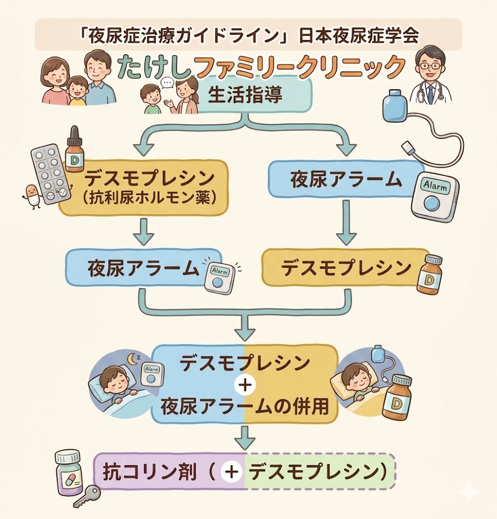 たけしファミリークリニックの夜尿症治療フローのイラスト